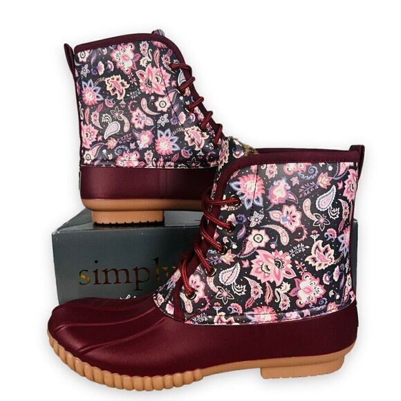 Simply Southern Paisley Floral Lace-up Duck Boots Wine / Multicolor Women's 9 - Picture 1 of 12